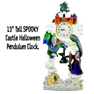 NIB Hand Painted 13" Pendulum Castle Clock.🐉 Dragon Wizard 🎃 👻 Goth
